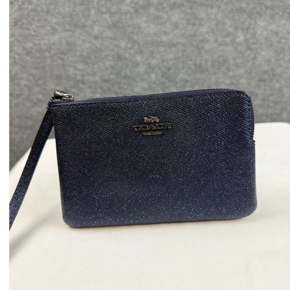 COACH Corner Zip Wristlet Navy Blue Glitter Crossgrain Leather Clutch Bag F58032
